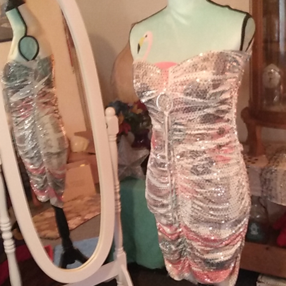 Multi color mini strapless body central dress